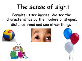 The sense of sight
   Permits us see images. We see the
characteristics by their colors or shapes,
  distance, read and see other things
 