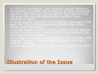 Illustration of the Issue <ul><li>In 1843 an individual, Levi Suydam,asked Salisbury, Connecticut to allow him to vote in ...