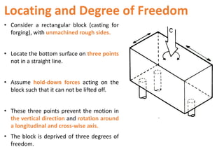Locating and Degree of Freedom
• Consider a rectangular block (casting for
forging), with unmachined rough sides.
• Locate the bottom surface on three points
not in a straight line.
• Assume hold-down forces acting on the
block such that it can not be lifted off.
• These three points prevent the motion in
the vertical direction and rotation around
a longitudinal and cross-wise axis.
• The block is deprived of three degrees of
freedom.
 
