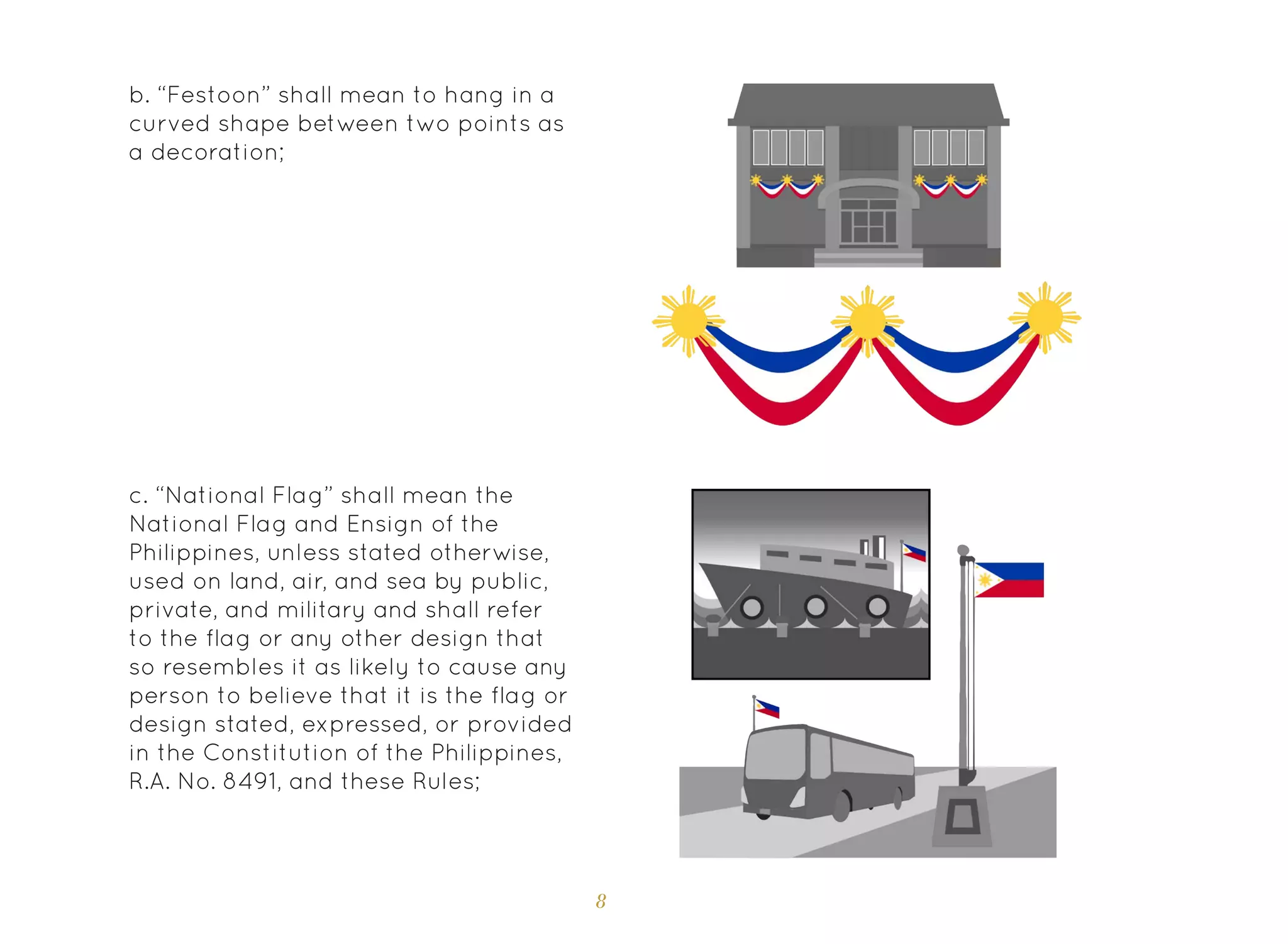 8
c. “National Flag” shall mean the
National Flag and Ensign of the
Philippines, unless stated otherwise,
used on land, air, and sea by public,
private, and military and shall refer
to the flag or any other design that
so resembles it as likely to cause any
person to believe that it is the flag or
design stated, expressed, or provided
in the Constitution of the Philippines,
R.A. No. 8491, and these Rules;
b. “Festoon” shall mean to hang in a
curved shape between two points as
a decoration;
 