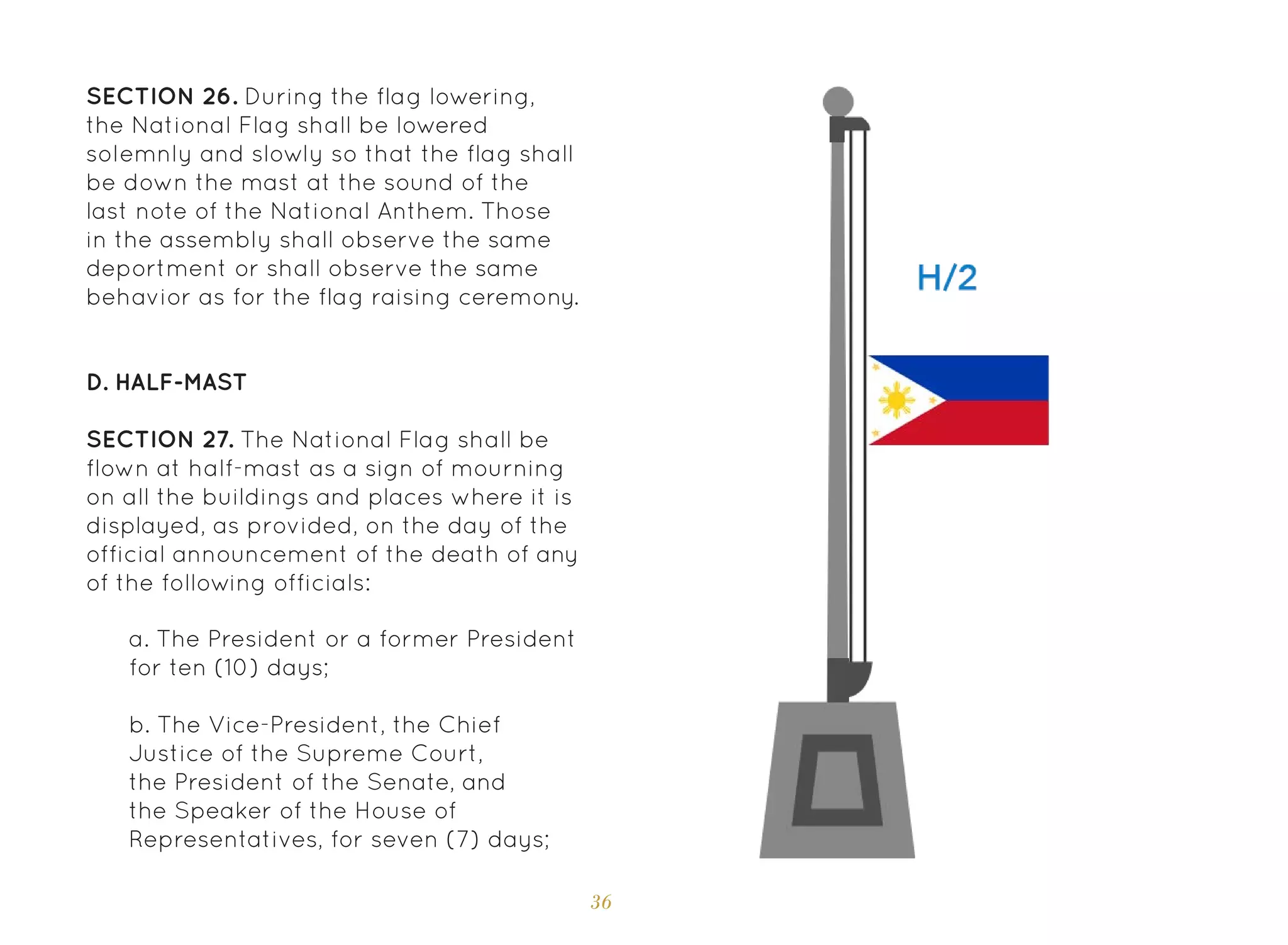 36
SECTION 26. During the flag lowering,
the National Flag shall be lowered
solemnly and slowly so that the flag shall
be down the mast at the sound of the
last note of the National Anthem. Those
in the assembly shall observe the same
deportment or shall observe the same
behavior as for the flag raising ceremony.
D. Half-Mast
SECTION 27. The National Flag shall be
flown at half-mast as a sign of mourning
on all the buildings and places where it is
displayed, as provided, on the day of the
official announcement of the death of any
of the following officials:
a. The President or a former President
for ten (10) days;
b. The Vice-President, the Chief
Justice of the Supreme Court,
the President of the Senate, and
the Speaker of the House of
Representatives, for seven (7) days;
 