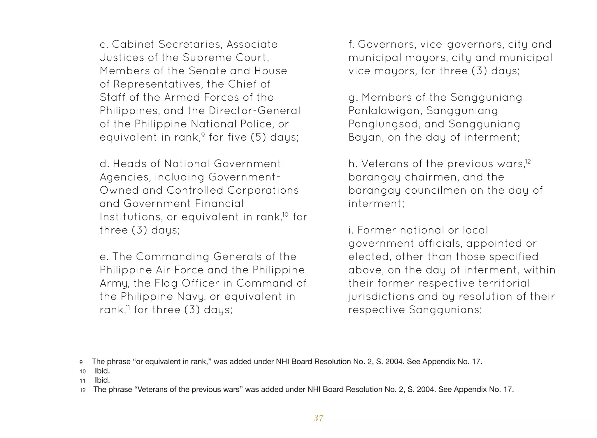 37
c. Cabinet Secretaries, Associate
Justices of the Supreme Court,
Members of the Senate and House
of Representatives, the Chief of
Staff of the Armed Forces of the
Philippines, and the Director-General
of the Philippine National Police, or
equivalent in rank,9
for five (5) days;
d. Heads of National Government
Agencies, including Government-
Owned and Controlled Corporations
and Government Financial
Institutions, or equivalent in rank,10
for
three (3) days;
e. The Commanding Generals of the
Philippine Air Force and the Philippine
Army, the Flag Officer in Command of
the Philippine Navy, or equivalent in
rank,11
for three (3) days;
f. Governors, vice-governors, city and
municipal mayors, city and municipal
vice mayors, for three (3) days;
g. Members of the Sangguniang
Panlalawigan, Sangguniang
Panglungsod, and Sangguniang
Bayan, on the day of interment;
h. Veterans of the previous wars,12
barangay chairmen, and the
barangay councilmen on the day of
interment;
i. Former national or local
government officials, appointed or
elected, other than those specified
above, on the day of interment, within
their former respective territorial
jurisdictions and by resolution of their
respective Sanggunians;
9 The phrase “or equivalent in rank,” was added under NHI Board Resolution No. 2, S. 2004. See Appendix No. 17.
10 Ibid.
11 Ibid.
12 The phrase “Veterans of the previous wars” was added under NHI Board Resolution No. 2, S. 2004. See Appendix No. 17.
 