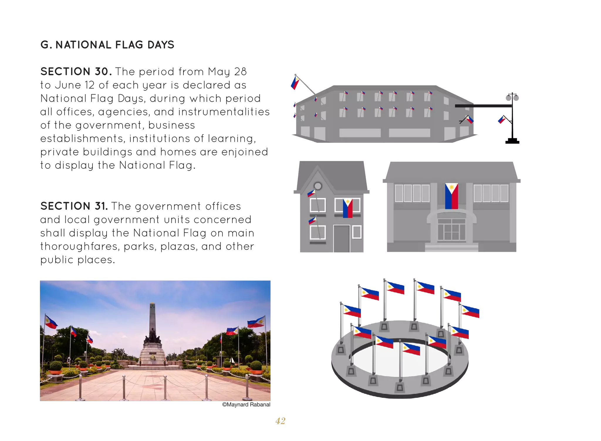 42
G. National Flag Days
SECTION 30. The period from May 28
to June 12 of each year is declared as
National Flag Days, during which period
all offices, agencies, and instrumentalities
of the government, business
establishments, institutions of learning,
private buildings and homes are enjoined
to display the National Flag.
SECTION 31. The government offices
and local government units concerned
shall display the National Flag on main
thoroughfares, parks, plazas, and other
public places.
©Maynard Rabanal
 