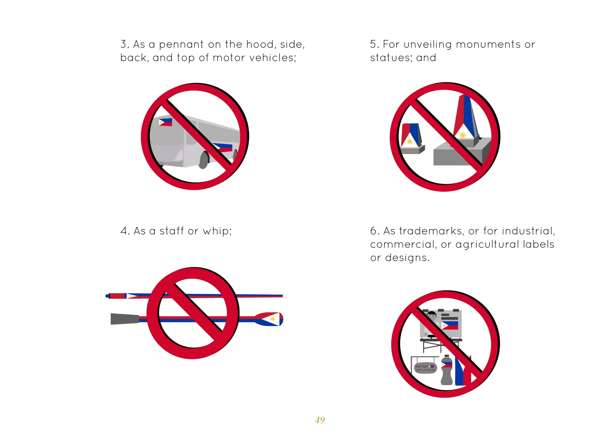 49
3. As a pennant on the hood, side,
back, and top of motor vehicles;
4. As a staff or whip;
5. For unveiling monuments or
statues; and
6. As trademarks, or for industrial,
commercial, or agricultural labels
or designs.
 