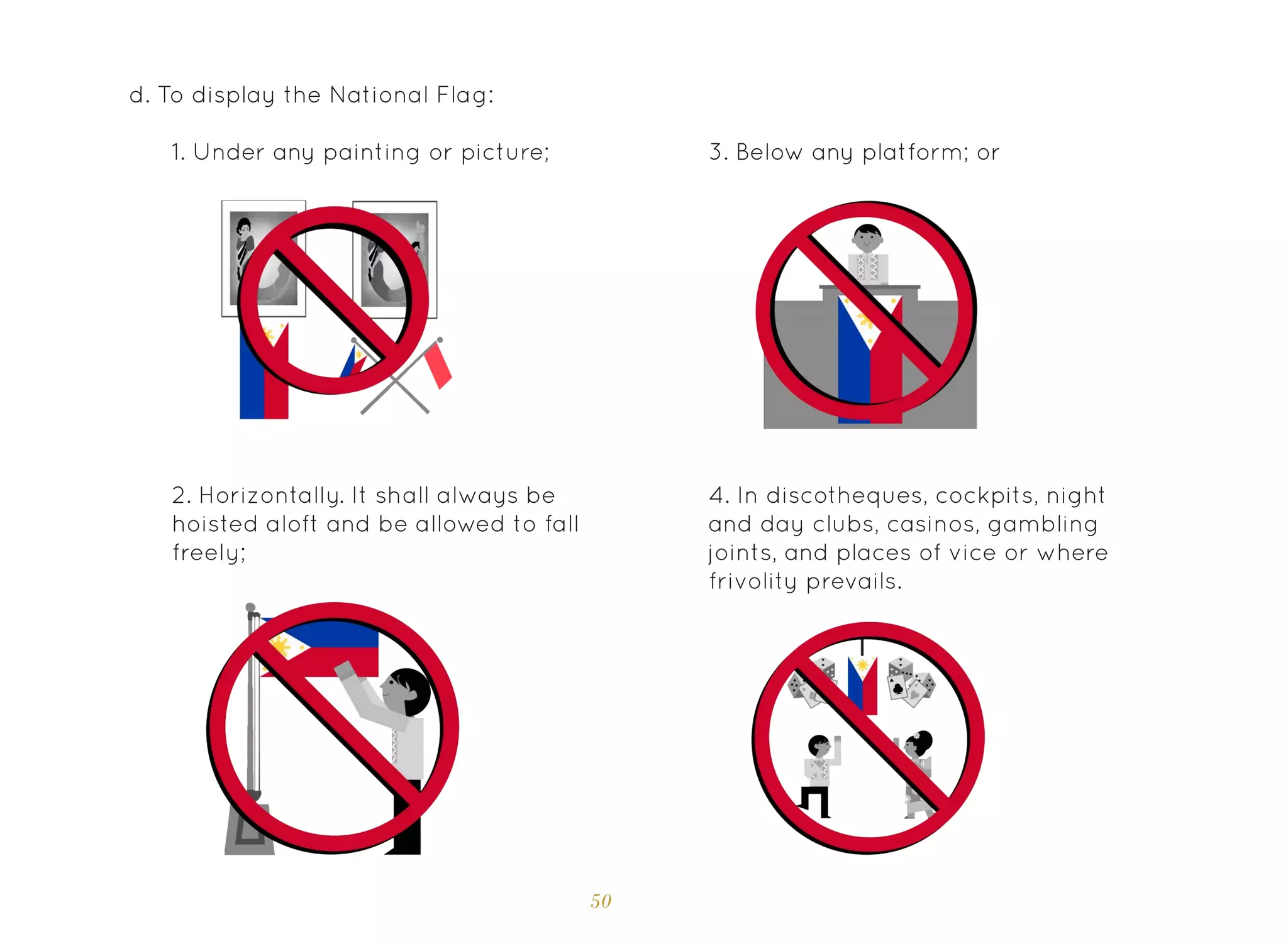 50
d. To display the National Flag:
1. Under any painting or picture;
2. Horizontally. It shall always be
hoisted aloft and be allowed to fall
freely;
4. In discotheques, cockpits, night
and day clubs, casinos, gambling
joints, and places of vice or where
frivolity prevails.
3. Below any platform; or
 