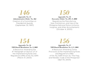 156
A Resolution Amending Some
Provisions of the Implementing Rules
and Regulations (IRR)
of R.A. No. 8491 known as “The Flag
and Heraldic Code of the Philippines”
(April 16, 2004)
Appendix No. 17
NHI Board Resolution No. 2, S. 2004
154
A Resolution Amending the
4th
Paragraph of Section 27 of
the Implementing Rules and
Regulations (IRR) of R.A. No. 8491
(March 31, 2003)
Appendix No. 16
NHI Board Resolution No. 2, 2003
150
Regulating the Manufacture,
Sale, Distribution, and Use of the
Philippine National Police Uniforms,
Insignias, and other Accoutrements
(October 4, 2000)
Appendix No. 15
Executive Order No. 297, S. 2000
146
Creation of a Committee on
Presidential Awards
(September 30, 1997)
Appendix No. 14
Administrative Order No. 362
 