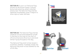 29
SECTION 19. A worn-out National Flag
should not be thrown away. It should
be burned solemnly, ashes collected
and buried. The National Flag shall be
replaced immediately when it begins to
show signs of wear and tear.
SECTION 20. The National Flag shall be
raised at sunrise and lowered at sunset.
It shall be on the mast at the start of
official school and office hours and shall
remain flying throughout the day.
The National Flag shall not be raised in
inclement weather. If already raised, the
National Flag shall not be lowered for the
whole day.
 