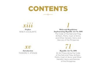 CONTENTS
RENE R. ESCALANTE
Preface
xiii
TEODORO S. ATIENZA
Introduction
xv Republic Act No. 8491
71
The Code of the National Flag,
Anthem, Motto, Coat-of-Arms,
and Other Heraldic Items and
Devices of the Philippines
An Act Prescribing the Code
of the National Flag, Anthem,
Motto, Coat-of-Arms, and Other
Heraldic Items and Devices
of the Philippines
1
Rules and Regulations
Implementing Republic Act No. 8491
 