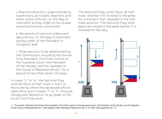 38
j. Regional directors, superintendents,
supervisors, principals, teachers, and
other school officials, on the day of
interment and by order of the proper
school authorities concerned;
k. Recipients of national orders and
decorations, on the day of interment
and by order of the President or
Congress; and
l. Other persons to be determined by
the Commission, including the former
Vice-President, the Chief Justice of
the Supreme Court, the President
of the Senate, and the Speaker of
the House of Representatives13
for a
period of less than seven (7) days.
In cases “c” to “e”, the National Flag
shall be flown at half-mast in front of
the building where the deceased official
held office and in cases “f” to “h”, through
Sanggunian Resolution or by order of the
Local Chief Executive.
The National Flag, when flown at half-
mast, shall be first hoisted to the peak
for a moment then lowered to the half-
mast position. The National Flag shall
again be raised to the peak before it is
lowered for the day.
13 The words “including the former Vice-president, the Chief Justice of the Supreme Court, the President of the Senate, and the Speaker
of the House of Representatives,” were added under NHI Board Resolution No. 2, S. 2004. See Appendix No. 17.
 
