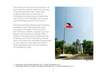 39
The National Flag shall also be flown at
half-mast during the death anniversary
of heroes and heroines, calamities
or grave adversity of national or
international solemnity as ordered by
the Office of the President, as may be
recommended by the Commission.14
The National Flag shall be permanently
hoisted at half-mast day and night
throughout the year at the Tomb of
the Unknown Soldier, Libingan ng mga
Bayani, Fort Bonifacio, Taguig, Metro
Manila;15
Mausoleo de los Veteranos de
la Revolucion, North Cemetery, Manila;
and in all memorial cemeteries dedicated
to war veterans. The National Flag of
these declared sites shall be properly
illuminated at night.
14 As amended under NHI Board Resolution No. 2, S. 2004. See Appendix No. 17.
15 “Taguig, Metro Manila” was added under NHI Board Resolution No. 2, S. 2004. See Appendix No. 17.
©Ramon Abasolo
 