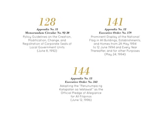 Adopting the “Panunumpa ng
Katapatan sa Watawat” as the
Official Pledge of Allegiance
for All Filipinos
(June 12, 1996)
Appendix No. 13
Executive Order No. 343
144
Prominent Display of the National
Flag in All Buildings, Establishments,
and Homes from 28 May 1994
to 12 June 1994 and Every Year
Thereafter, and for other Purposes
(May 24, 1994)
Appendix No. 12
Executive Order No. 179
141
128
Policy Guidelines on the Creation,
Modification, Change, and
Registration of Corporate Seals of
Local Government Units
(June 8, 1992)
Appendix No. 11
Memorandum Circular No. 92-30
 