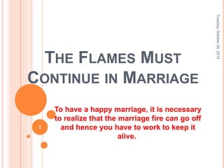 THE FLAMES MUST 
CONTINUE IN MARRIAGE 
To have a happy marriage, it is necessary 
to realize that the marriage fire can go off 
and hence you have to work to keep it 
alive. 
Tuesday, October 28, 2014 
1 
 