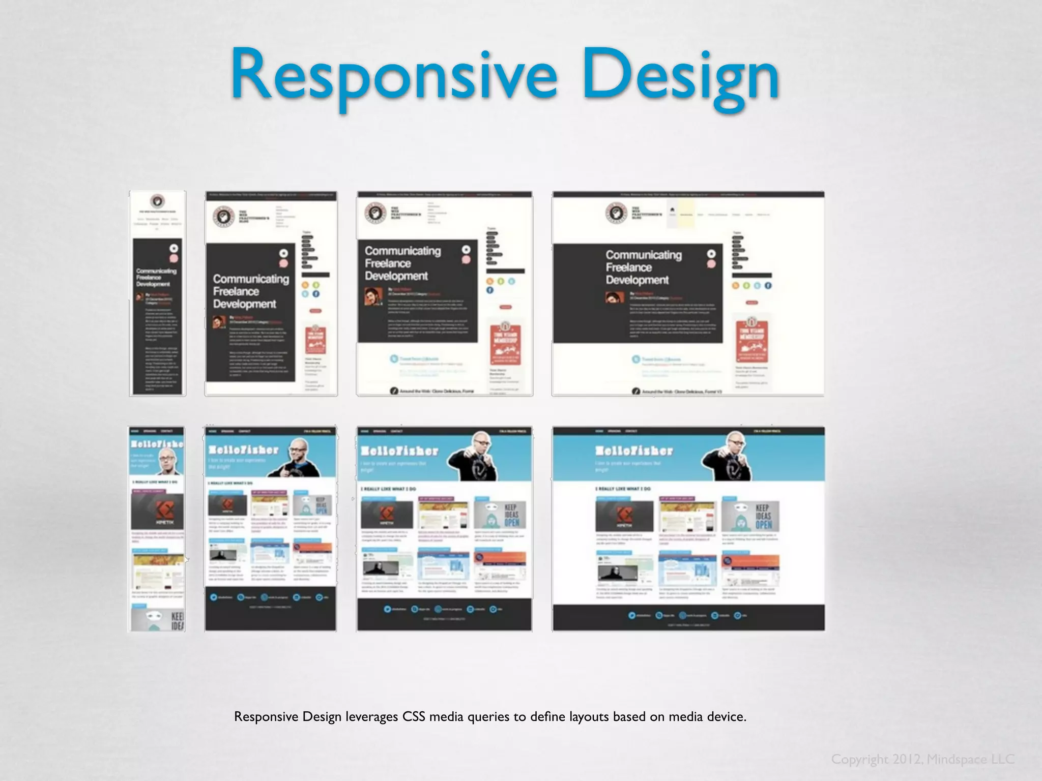 Responsive Design




Responsive Design leverages CSS media queries to deﬁne layouts based on media device.


                                                                                        Copyright 2012, Mindspace LLC
 