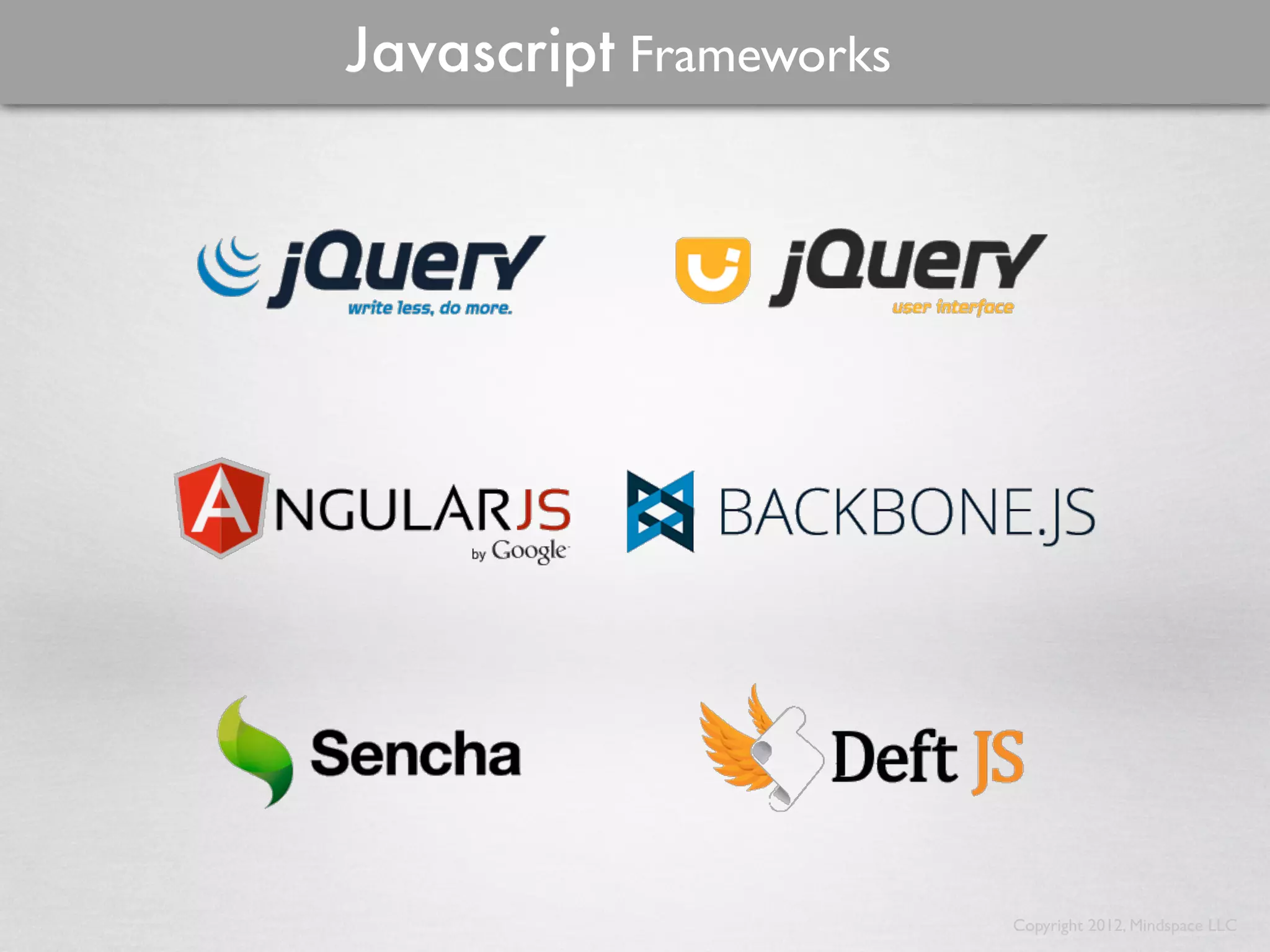 Javascript Frameworks




                        Copyright 2012, Mindspace LLC
 