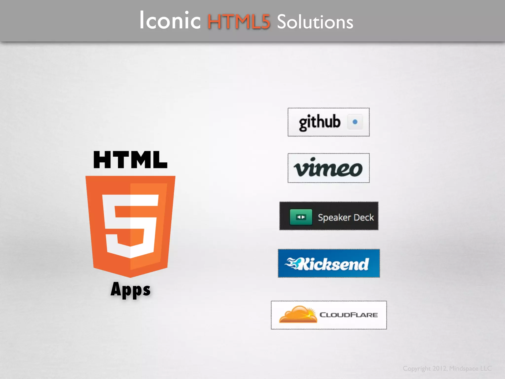 Iconic HTML5 Solutions




Apps



                           Copyright 2012, Mindspace LLC
 