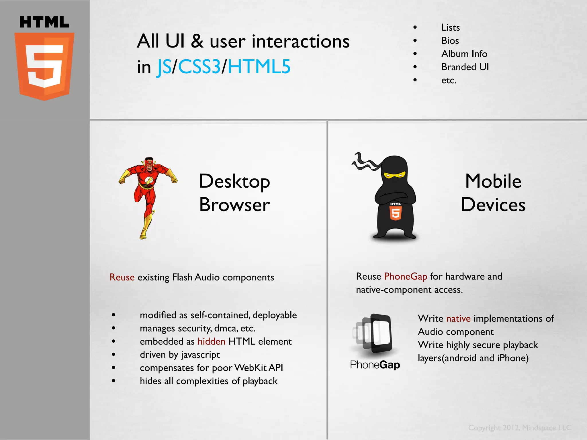 •        Lists
      All UI & user interactions                          •
                                                          •
                                                                   Bios
                                                                   Album Info
      in JS/CSS3/HTML5                                    •        Branded UI
                                                          •        etc.




                    Desktop                                            Mobile
                    Browser                                            Devices


Reuse existing Flash Audio components         Reuse PhoneGap for hardware and
                                              native-component access.

•     modiﬁed as self-contained, deployable                   Write native implementations of
•     manages security, dmca, etc.                            Audio component
•     embedded as hidden HTML element                         Write highly secure playback
•     driven by javascript                                    layers(android and iPhone)
•     compensates for poor WebKit API
•     hides all complexities of playback



                                                                         Copyright 2012, Mindspace LLC
 