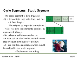 Cycle Segments: Static Segment
- The static segment is time triggered.
- It is divided into time slots, Each slot has:
- A ﬁxed length.
- ID assigned to a speciﬁc control unit.
- Hard real-time requirements possible by
guaranteed latency.
- No delays or collisions could occur.
- A node can be allocated to more than one
slot by clever distribution of slot IDs.
- A Hard real-time application which should
be realized in the static segment:
- Explosion of the airbag.
.
.
.Wissam Kafa | HIAST 16/26
 