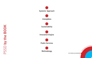 Systems’ Approach



                      Intangibles
PSSD by the BOOK




                     Sustainability



                   Innovation Engine



                    Public Services
                                                                                                  GNERS
                                                                                              DESI
                                                                                          PSS
                                                                                       TO
                                                                                    RY
                                                                                  EO
                                                                                TH
                                                                           SS




                                                                       P
                     Methodology




                                                                      OM
                                                                    FR
                                       PSS THEORETICAL BACKGROUND



                                                                                                   1
 