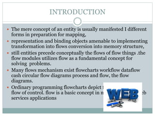 INTRODUCTION
 The mere concept of an entity is usually manifested I different
forms in preparation for mapping,
 representation and binding objects amenable to implementing
transformation into flows conversion into memory structure,
 still entities precede conceptually the flows of flow things .the
flow modules utilizes flow as a fundamental concept for
solving problems.
 Many flows mechanism exist flowcharts workflow dataflow
cash circular flow diagrams process and flow, the flow
diagrams.
 Ordinary programming flowcharts depict fixed patterns of
flow of control. flow is a basic concept in model including web
services applications
 