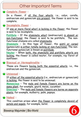 Other Important Terms
Biswarup Majumder | Bio-World
In a flower, if all the four whorls, i.e., calyx, corolla,
androecium and gynoecium are present, the flower is said to be
complete.
Complete flower :
If one or more floral whorl is lacking in the flower, the flower
is said to be incomplete.
Incomplete flower :
Pistillate – If the staminate whorl (androecium) is absent or
non-functional, the flower is said to be pistillate. The non-
functional stamens are called staminodia.
Staminate – In this type of flower, the pistil or carpel
(gynoecium) is either totally lacking or non-functional. The non-
functional gynoecium is known as pistillode.
Neuter – When both, the staminate and pistillate whorls are
lacking, the flower is called neuter, for example, ray floret of
sunflower.
Bisexual or Hermaphrodite :
These are flowers having both the essential whorls, i.e., the
androecium and the gynoecium.
Unisexual :
If either of the essential whorls (i.e., androecium or gynoecium)
is lacking, the flower is said to be unisexual.
Monoecious – The male and female flowers are borne on the
same plant, for example, gourd, maize, cucumber.
Dioecious – The male and female flowers are borne on separate
plants, for example, mulberry, palm, papaya.
Naked :
This condition arises when the flower is completely devoid of
petals and sepals, for example, betel.
 