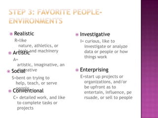    Realistic                       Investigative
   R=like                             I= curious, like to
     nature, athletics, or              investigate or analyze
     tools and machinery
 Artistic                              data or people or how
                                        things work
   A=
     artistic, imaginative, an
     d creative
 Social                             Enterprising
    S=bent on trying to               E=start up projects or
      help, teach, or serve             organizations, and/or
      people.                           be upfront as to
   Conventional                        entertain, influence, pe
     C= detailed work, and like         rsuade, or sell to people
       to complete tasks or
       projects
 