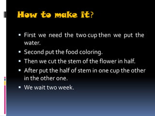 How to make it?
First we need the two cup then we put the
water.
Second put the food coloring.
Then we cut the stem of the flower in half.
After put the half of stem in one cup the other
in the other one.
We wait two week.