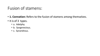 Fusion of stamens:
• 1. Connation: Refers to the fusion of stamens among themselves.
• It is of 3 types.
• a. Adelphy.
• b. Syngenecious.
• c. Synandrous.
 