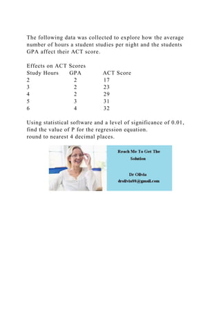 The following data was collected to explore how the average
number of hours a student studies per night and the students
GPA affect their ACT score.
Effects on ACT Scores
Study Hours GPA ACT Score
2 2 17
3 2 23
4 2 29
5 3 31
6 4 32
Using statistical software and a level of significance of 0.01,
find the value of P for the regression equation.
round to nearest 4 decimal places.
 