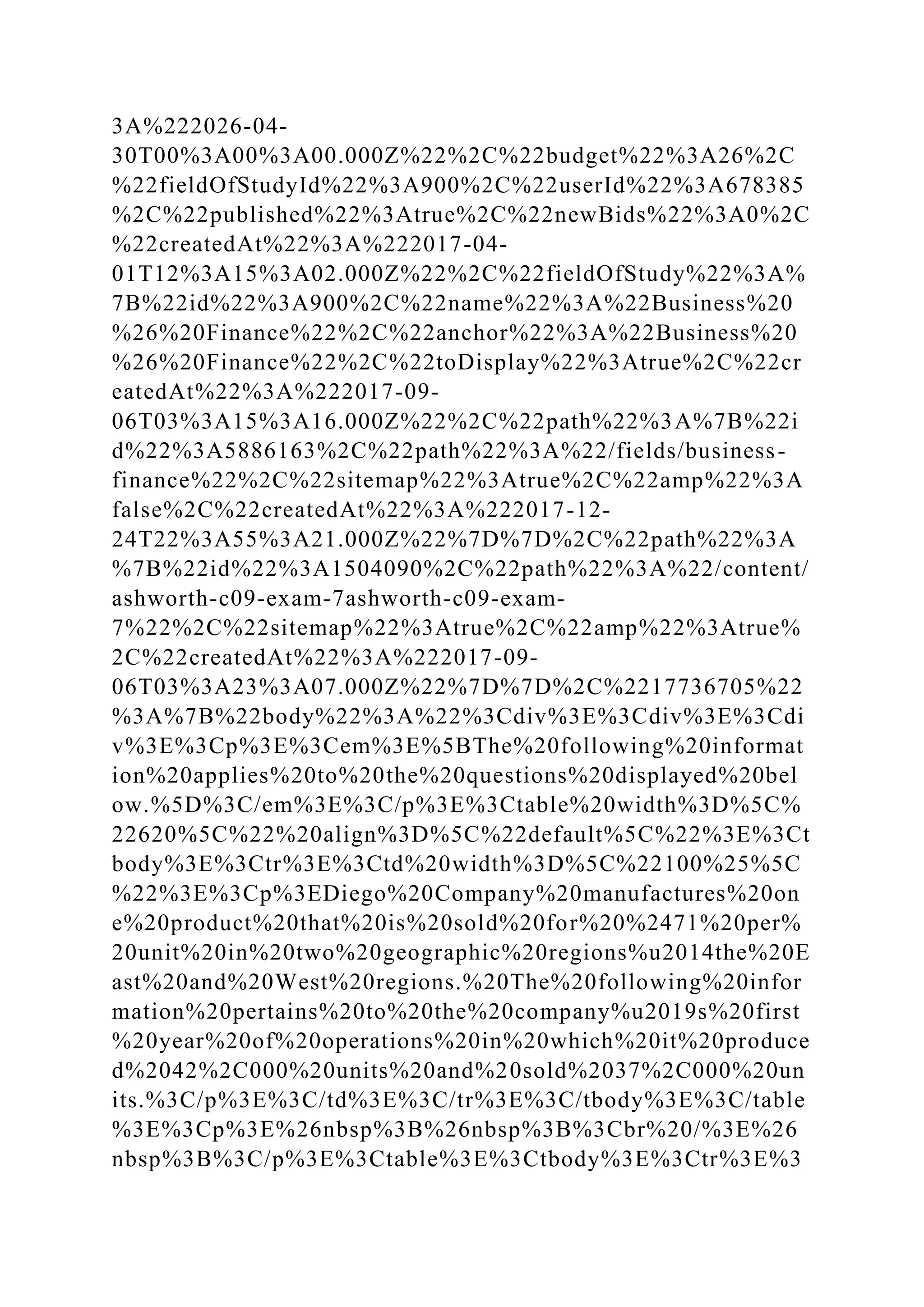 3A%222026-04-
30T00%3A00%3A00.000Z%22%2C%22budget%22%3A26%2C
%22fieldOfStudyId%22%3A900%2C%22userId%22%3A678385
%2C%22published%22%3Atrue%2C%22newBids%22%3A0%2C
%22createdAt%22%3A%222017-04-
01T12%3A15%3A02.000Z%22%2C%22fieldOfStudy%22%3A%
7B%22id%22%3A900%2C%22name%22%3A%22Business%20
%26%20Finance%22%2C%22anchor%22%3A%22Business%20
%26%20Finance%22%2C%22toDisplay%22%3Atrue%2C%22cr
eatedAt%22%3A%222017-09-
06T03%3A15%3A16.000Z%22%2C%22path%22%3A%7B%22i
d%22%3A5886163%2C%22path%22%3A%22/fields/business-
finance%22%2C%22sitemap%22%3Atrue%2C%22amp%22%3A
false%2C%22createdAt%22%3A%222017-12-
24T22%3A55%3A21.000Z%22%7D%7D%2C%22path%22%3A
%7B%22id%22%3A1504090%2C%22path%22%3A%22/content/
ashworth-c09-exam-7ashworth-c09-exam-
7%22%2C%22sitemap%22%3Atrue%2C%22amp%22%3Atrue%
2C%22createdAt%22%3A%222017-09-
06T03%3A23%3A07.000Z%22%7D%7D%2C%2217736705%22
%3A%7B%22body%22%3A%22%3Cdiv%3E%3Cdiv%3E%3Cdi
v%3E%3Cp%3E%3Cem%3E%5BThe%20following%20informat
ion%20applies%20to%20the%20questions%20displayed%20bel
ow.%5D%3C/em%3E%3C/p%3E%3Ctable%20width%3D%5C%
22620%5C%22%20align%3D%5C%22default%5C%22%3E%3Ct
body%3E%3Ctr%3E%3Ctd%20width%3D%5C%22100%25%5C
%22%3E%3Cp%3EDiego%20Company%20manufactures%20on
e%20product%20that%20is%20sold%20for%20%2471%20per%
20unit%20in%20two%20geographic%20regions%u2014the%20E
ast%20and%20West%20regions.%20The%20following%20infor
mation%20pertains%20to%20the%20company%u2019s%20first
%20year%20of%20operations%20in%20which%20it%20produce
d%2042%2C000%20units%20and%20sold%2037%2C000%20un
its.%3C/p%3E%3C/td%3E%3C/tr%3E%3C/tbody%3E%3C/table
%3E%3Cp%3E%26nbsp%3B%26nbsp%3B%3Cbr%20/%3E%26
nbsp%3B%3C/p%3E%3Ctable%3E%3Ctbody%3E%3Ctr%3E%3
 