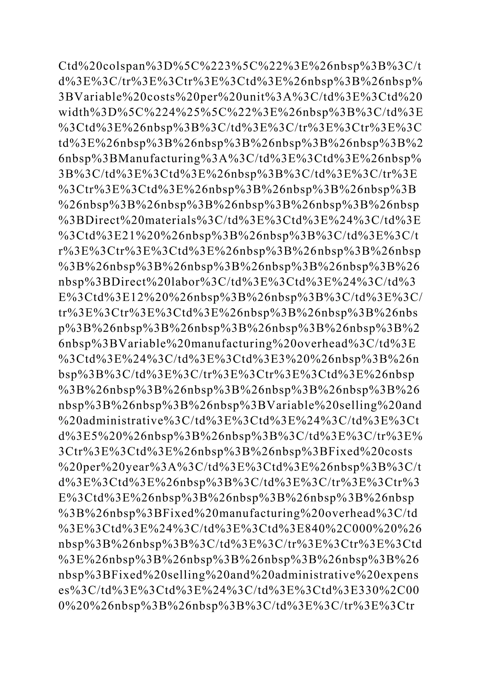 Ctd%20colspan%3D%5C%223%5C%22%3E%26nbsp%3B%3C/t
d%3E%3C/tr%3E%3Ctr%3E%3Ctd%3E%26nbsp%3B%26nbsp%
3BVariable%20costs%20per%20unit%3A%3C/td%3E%3Ctd%20
width%3D%5C%224%25%5C%22%3E%26nbsp%3B%3C/td%3E
%3Ctd%3E%26nbsp%3B%3C/td%3E%3C/tr%3E%3Ctr%3E%3C
td%3E%26nbsp%3B%26nbsp%3B%26nbsp%3B%26nbsp%3B%2
6nbsp%3BManufacturing%3A%3C/td%3E%3Ctd%3E%26nbsp%
3B%3C/td%3E%3Ctd%3E%26nbsp%3B%3C/td%3E%3C/tr%3E
%3Ctr%3E%3Ctd%3E%26nbsp%3B%26nbsp%3B%26nbsp%3B
%26nbsp%3B%26nbsp%3B%26nbsp%3B%26nbsp%3B%26nbsp
%3BDirect%20materials%3C/td%3E%3Ctd%3E%24%3C/td%3E
%3Ctd%3E21%20%26nbsp%3B%26nbsp%3B%3C/td%3E%3C/t
r%3E%3Ctr%3E%3Ctd%3E%26nbsp%3B%26nbsp%3B%26nbsp
%3B%26nbsp%3B%26nbsp%3B%26nbsp%3B%26nbsp%3B%26
nbsp%3BDirect%20labor%3C/td%3E%3Ctd%3E%24%3C/td%3
E%3Ctd%3E12%20%26nbsp%3B%26nbsp%3B%3C/td%3E%3C/
tr%3E%3Ctr%3E%3Ctd%3E%26nbsp%3B%26nbsp%3B%26nbs
p%3B%26nbsp%3B%26nbsp%3B%26nbsp%3B%26nbsp%3B%2
6nbsp%3BVariable%20manufacturing%20overhead%3C/td%3E
%3Ctd%3E%24%3C/td%3E%3Ctd%3E3%20%26nbsp%3B%26n
bsp%3B%3C/td%3E%3C/tr%3E%3Ctr%3E%3Ctd%3E%26nbsp
%3B%26nbsp%3B%26nbsp%3B%26nbsp%3B%26nbsp%3B%26
nbsp%3B%26nbsp%3B%26nbsp%3BVariable%20selling%20and
%20administrative%3C/td%3E%3Ctd%3E%24%3C/td%3E%3Ct
d%3E5%20%26nbsp%3B%26nbsp%3B%3C/td%3E%3C/tr%3E%
3Ctr%3E%3Ctd%3E%26nbsp%3B%26nbsp%3BFixed%20costs
%20per%20year%3A%3C/td%3E%3Ctd%3E%26nbsp%3B%3C/t
d%3E%3Ctd%3E%26nbsp%3B%3C/td%3E%3C/tr%3E%3Ctr%3
E%3Ctd%3E%26nbsp%3B%26nbsp%3B%26nbsp%3B%26nbsp
%3B%26nbsp%3BFixed%20manufacturing%20overhead%3C/td
%3E%3Ctd%3E%24%3C/td%3E%3Ctd%3E840%2C000%20%26
nbsp%3B%26nbsp%3B%3C/td%3E%3C/tr%3E%3Ctr%3E%3Ctd
%3E%26nbsp%3B%26nbsp%3B%26nbsp%3B%26nbsp%3B%26
nbsp%3BFixed%20selling%20and%20administrative%20expens
es%3C/td%3E%3Ctd%3E%24%3C/td%3E%3Ctd%3E330%2C00
0%20%26nbsp%3B%26nbsp%3B%3C/td%3E%3C/tr%3E%3Ctr
 