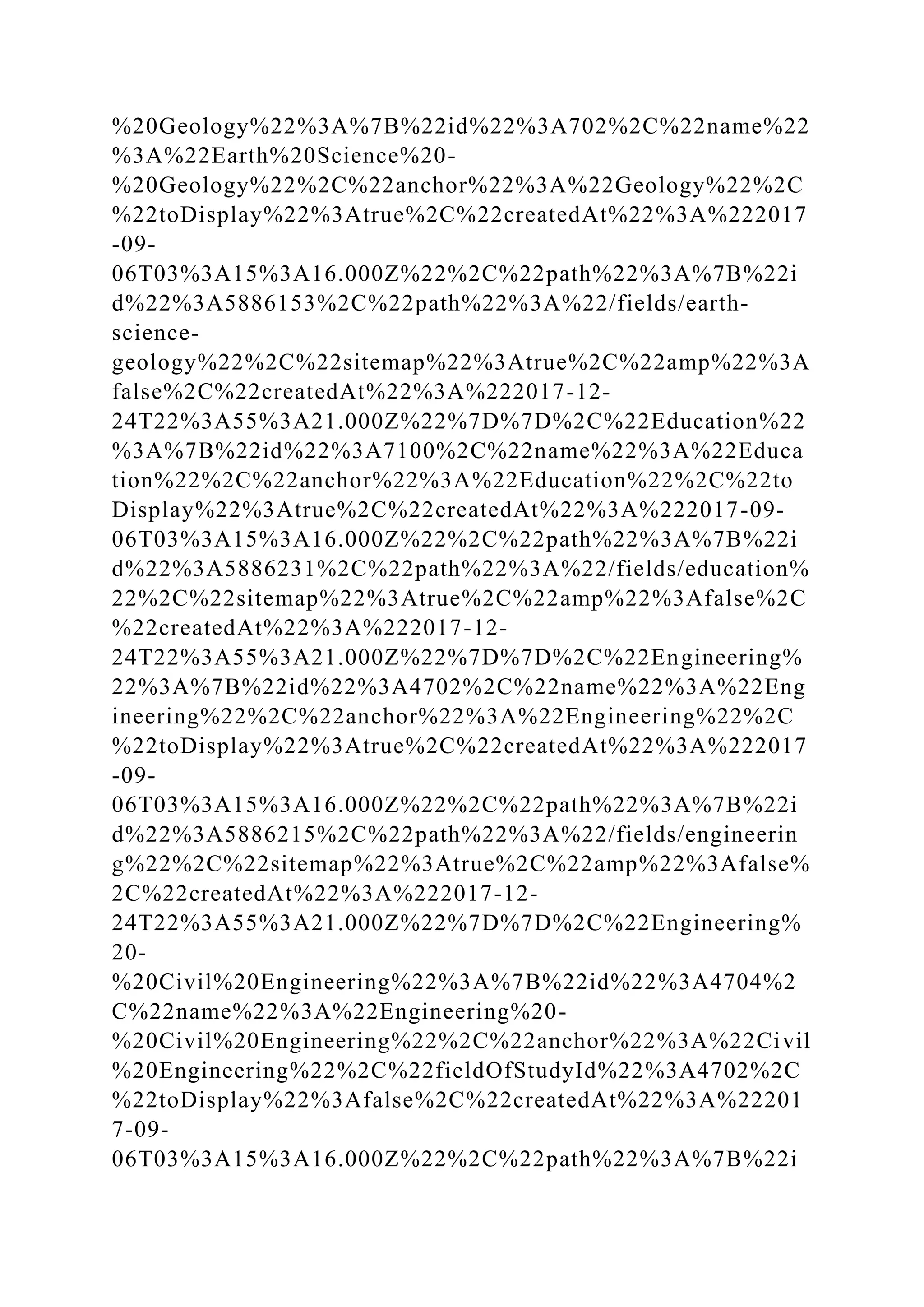 %20Geology%22%3A%7B%22id%22%3A702%2C%22name%22
%3A%22Earth%20Science%20-
%20Geology%22%2C%22anchor%22%3A%22Geology%22%2C
%22toDisplay%22%3Atrue%2C%22createdAt%22%3A%222017
-09-
06T03%3A15%3A16.000Z%22%2C%22path%22%3A%7B%22i
d%22%3A5886153%2C%22path%22%3A%22/fields/earth-
science-
geology%22%2C%22sitemap%22%3Atrue%2C%22amp%22%3A
false%2C%22createdAt%22%3A%222017-12-
24T22%3A55%3A21.000Z%22%7D%7D%2C%22Education%22
%3A%7B%22id%22%3A7100%2C%22name%22%3A%22Educa
tion%22%2C%22anchor%22%3A%22Education%22%2C%22to
Display%22%3Atrue%2C%22createdAt%22%3A%222017-09-
06T03%3A15%3A16.000Z%22%2C%22path%22%3A%7B%22i
d%22%3A5886231%2C%22path%22%3A%22/fields/education%
22%2C%22sitemap%22%3Atrue%2C%22amp%22%3Afalse%2C
%22createdAt%22%3A%222017-12-
24T22%3A55%3A21.000Z%22%7D%7D%2C%22Engineering%
22%3A%7B%22id%22%3A4702%2C%22name%22%3A%22Eng
ineering%22%2C%22anchor%22%3A%22Engineering%22%2C
%22toDisplay%22%3Atrue%2C%22createdAt%22%3A%222017
-09-
06T03%3A15%3A16.000Z%22%2C%22path%22%3A%7B%22i
d%22%3A5886215%2C%22path%22%3A%22/fields/engineerin
g%22%2C%22sitemap%22%3Atrue%2C%22amp%22%3Afalse%
2C%22createdAt%22%3A%222017-12-
24T22%3A55%3A21.000Z%22%7D%7D%2C%22Engineering%
20-
%20Civil%20Engineering%22%3A%7B%22id%22%3A4704%2
C%22name%22%3A%22Engineering%20-
%20Civil%20Engineering%22%2C%22anchor%22%3A%22Civil
%20Engineering%22%2C%22fieldOfStudyId%22%3A4702%2C
%22toDisplay%22%3Afalse%2C%22createdAt%22%3A%22201
7-09-
06T03%3A15%3A16.000Z%22%2C%22path%22%3A%7B%22i
 