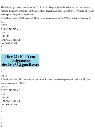The following transactions relate to Penelope Inc. Prepare journal entries for each transaction.
Prepare the equity section of the balance sheet at each year-end, December 31. Assume 2013 was
Penelope’s first year of operations.
1.Penelope issued 1,000 shares of $1 par value common stock for $70 per share on January 1,
2013.
DATE
ACCOUNT NAME
DEBIT
CREDIT
BALANCE SHEET
INCOME STMT
A
=
L
+
E
R
-
E
1/1/13
2.Penelope issued 500 shares of no par value, $5, non-cumulative preferred stock for $50 per
share on January 1, 2013.
DATE
ACCOUNT NAME
DEBIT
CREDIT
BALANCE SHEET
INCOME STMT
A
=
L
+
E
R
-
 