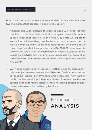 SOCCERMENT RESEARCH
14
A deeper and wider analysis of Expected Goals will “force” football
coaches to rethink their tactical strategies, especially in one
specific area: shot location. In the next 10-15 years we expect to
see in football something similar to what has happened in the
NBA: a complete overhaul of shooting locations. By looking at the
most common shot locations in the NBA 2001-02 compared to
the ones of 2016-17 it is noticeable how risk-reward considerations
based on analytics have dramatically increased the amount of
three-pointers and limited the number of two-pointers outside
“the paint”.
We would expect (and encourage) football clubs to increasingly
rely on objective measures such as Expected Goals when it comes
to gauging teams’ performances and evaluating how well or
badly coaches are doing. It happens all too often that coaches are
sacked after poor results despite these not being caused by poor
team performance, but rather by bad luck.
How can Expected Goals revolutionise football? In our view, there are
two main areas that are clearly open for disruption:
Performance
ANALYSIS
 