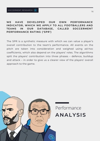 SOCCERMENT RESEARCH
16
The SPR is a synthetic measure with which we can value a player’s
overall contribution to the team’s performance. All events on the
pitch are taken into consideration and weighed using ad-hoc
coefficients, which also depend on the players’ roles. The algorithms
split the players’ contribution into three phases – defence, buildup
and attack – in order to give us a clearer view of the players’ overall
approach to the game.
WE HAVE DEVELOPED OUR OWN PERFORMANCE
INDICATOR, WHICH WE APPLY TO ALL FOOTBALLERS AND
TEAMS IN OUR DATABASE, CALLED  SOCCERMENT
PERFORMANCE RATING (‘SPR’)
Performance
ANALYSIS
 