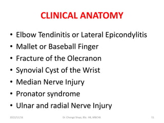 CLINICAL ANATOMY
• Elbow Tendinitis or Lateral Epicondylitis
• Mallet or Baseball Finger
• Fracture of the Olecranon
• Synovial Cyst of the Wrist
• Median Nerve Injury
• Pronator syndrome
• Ulnar and radial Nerve Injury
2022/11/16 Dr. Chongo Shapi, BSc. HB, MBChB. 51
 
