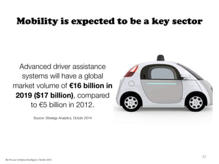 Mobility is expected to be a key sector
Advanced driver assistance
systems will have a global
market volume of €16 billion in
2019 ($17 billion), compared
to €5 billion in 2012.

Source: Strategy Analytics, Octobr 2014

22	
  
The Forecast l Artificial Intelligence l October 2015
 