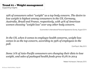 The Forecast // Health & Wellness | May 2015
19% of consumers select "weight" as a top body concern. The desire to
lose we...