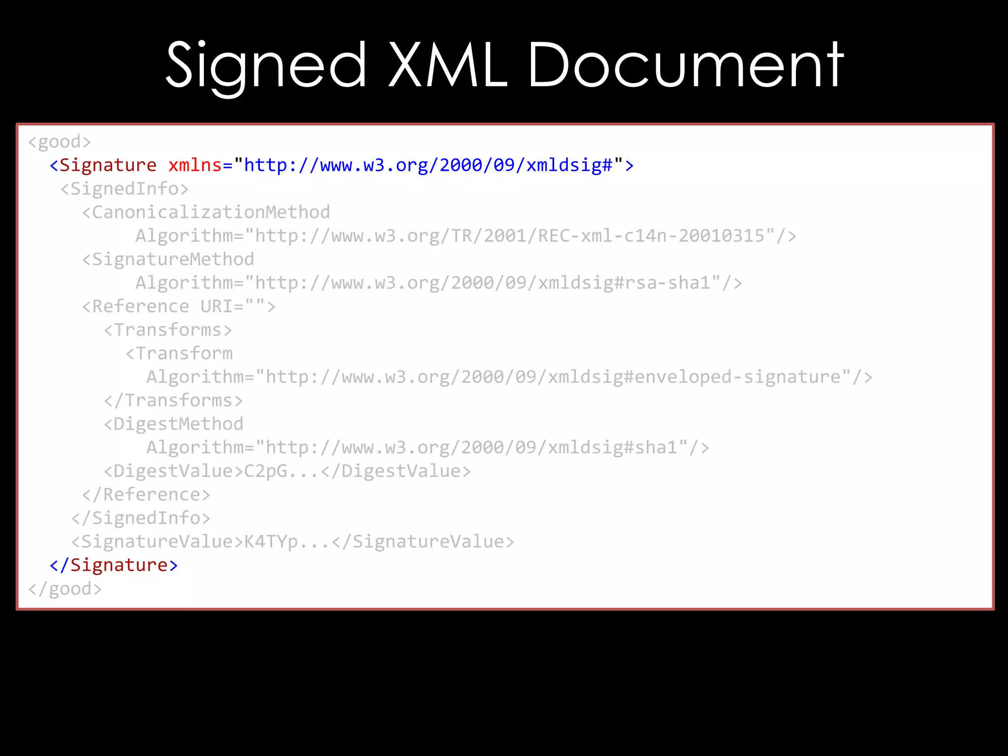 Signed XML Document
<good>
<Signature xmlns="http://www.w3.org/2000/09/xmldsig#">
<SignedInfo>
<CanonicalizationMethod
Algorithm="http://www.w3.org/TR/2001/REC-xml-c14n-20010315"/>
<SignatureMethod
Algorithm="http://www.w3.org/2000/09/xmldsig#rsa-sha1"/>
<Reference URI="">
<Transforms>
<Transform
Algorithm="http://www.w3.org/2000/09/xmldsig#enveloped-signature"/>
</Transforms>
<DigestMethod
Algorithm="http://www.w3.org/2000/09/xmldsig#sha1"/>
<DigestValue>C2pG...</DigestValue>
</Reference>
</SignedInfo>
<SignatureValue>K4TYp...</SignatureValue>
</Signature>
</good>

 