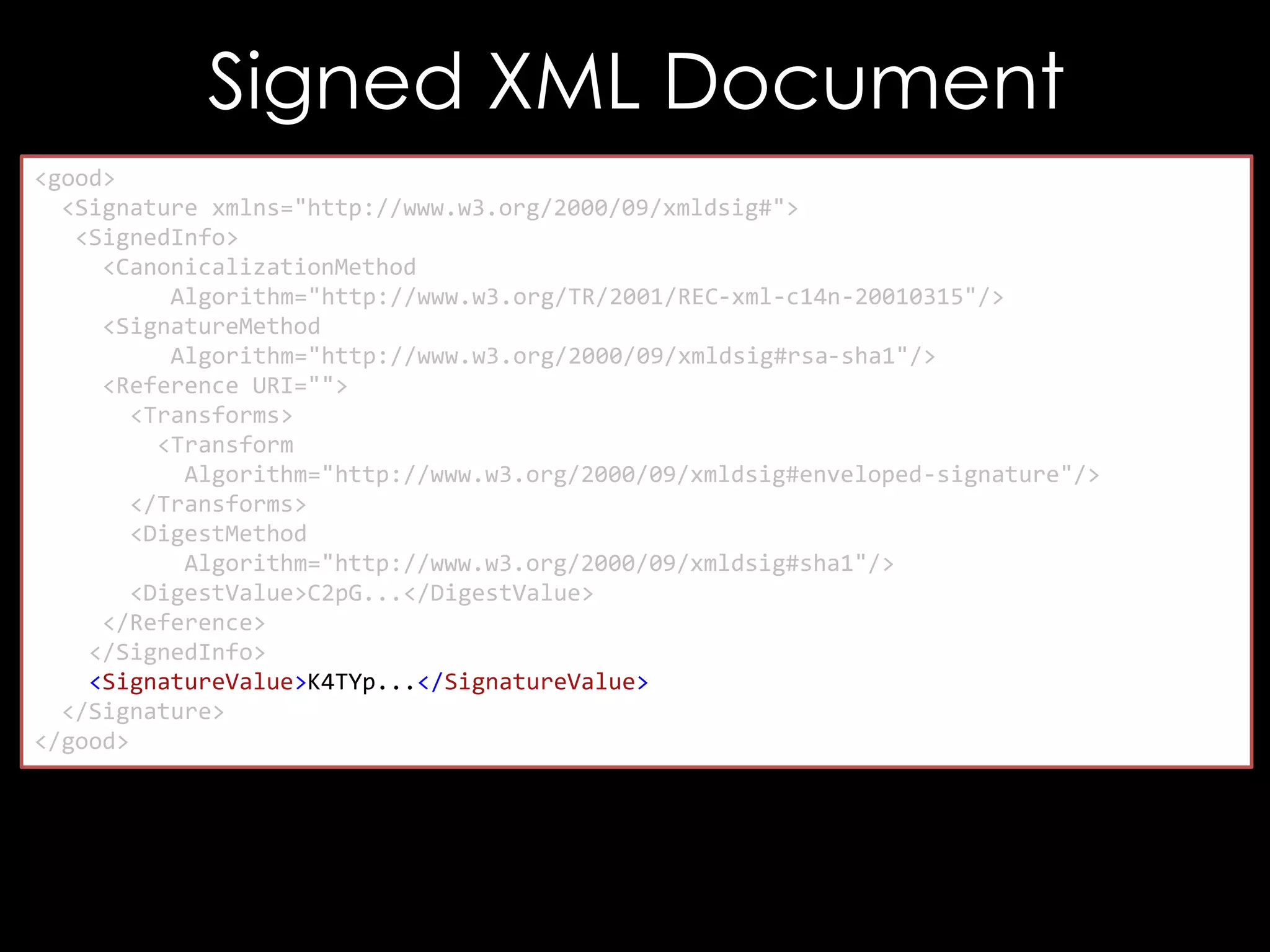 Signed XML Document
<good>
<Signature xmlns="http://www.w3.org/2000/09/xmldsig#">
<SignedInfo>
<CanonicalizationMethod
Algorithm="http://www.w3.org/TR/2001/REC-xml-c14n-20010315"/>
<SignatureMethod
Algorithm="http://www.w3.org/2000/09/xmldsig#rsa-sha1"/>
<Reference URI="">
<Transforms>
<Transform
Algorithm="http://www.w3.org/2000/09/xmldsig#enveloped-signature"/>
</Transforms>
<DigestMethod
Algorithm="http://www.w3.org/2000/09/xmldsig#sha1"/>
<DigestValue>C2pG...</DigestValue>
</Reference>
</SignedInfo>
<SignatureValue>K4TYp...</SignatureValue>
</Signature>
</good>

 