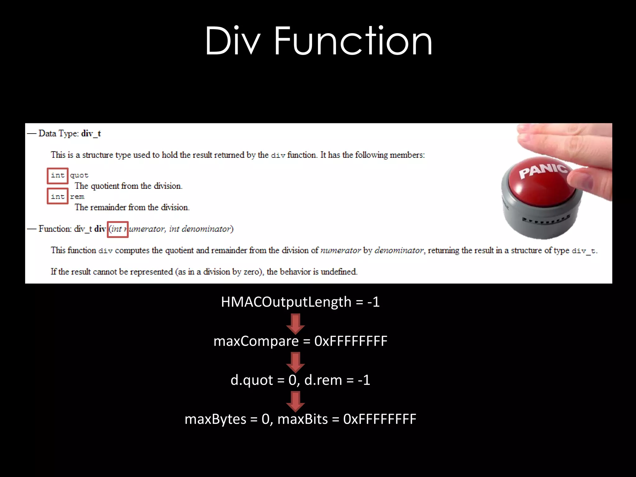 Div Function

HMACOutputLength = -1
maxCompare = 0xFFFFFFFF
d.quot = 0, d.rem = -1
maxBytes = 0, maxBits = 0xFFFFFFFF

 