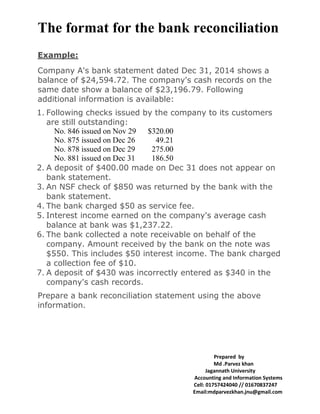 The format for the bank reconciliation
