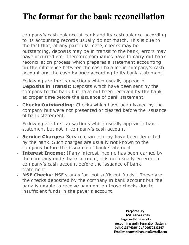 The Format For The Bank Reconciliation