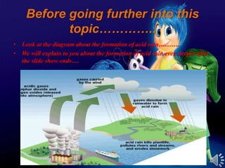 Before going further into this
topic…………..
• Look at the diagram about the formation of acid rain………..
• We will explain to you about the formation of acid rain even deeper after
the slide show ends….
 