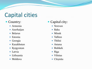 Capital cities
 Country:        Capital city:
   Armenia         Yerevan
   Azerbaijan      Baku
   Belarus         Minsk
   Estonia         Tallinn
   Georgia         Tbilisi
   Kazakhstan      Astana
   Kyrgyzstan      Bishkek
   Latvia          Riga
   Lithuania       Vilnius
   Moldova         Chişinău
 