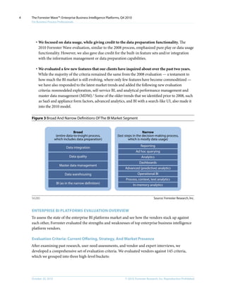 © 2010, Forrester Research, Inc. Reproduction ProhibitedOctober 20, 2010
The Forrester Wave™: Enterprise Business Intelligence Platforms, Q4 2010
For Business Process Professionals
4
·	We focused on data usage, while giving credit to the data preparation functionality. The
2010 Forrester Wave evaluation, similar to the 2008 process, emphasized pure play or data usage
functionality. However, we also gave due credit for the built-in feature sets and/or integration
with the information management or data preparation capabilities.
·	We evaluated a few new features that our clients have inquired about over the past two years.
While the majority of the criteria remained the same from the 2008 evaluation — a testament to
how much the BI market is still evolving, where only few features have become commoditized —
we have also responded to the latest market trends and added the following new evaluation
criteria: nonmodeled exploration, self-service BI, and analytical performance management and
master data management (MDM).3
Some of the older trends that we identified prior to 2008, such
as SaaS and appliance form factors, advanced analytics, and BI with a search-like UI, also made it
into the 2010 model.
Figure 3 Broad And Narrow Definitions Of The BI Market Segment
Source: Forrester Research, Inc.56280
BI (as in the narrow definition)
Data warehousing
Master data management
Data quality
Data integration Reporting
Broad
(entire data-to-insight process,
which includes data preparation)
Narrow
(last steps in the decision-making process,
which is mostly data usage)
Ad hoc querying
Analytics
Dashboards
Advanced (predictive) analytics
Operational BI
Process, context, text analytics
In-memory analytics
enterprise bi platforms Evaluation Overview
To assess the state of the enterprise BI platforms market and see how the vendors stack up against
each other, Forrester evaluated the strengths and weaknesses of top enterprise business intelligence
platform vendors.
Evaluation Criteria: Current Offering, Strategy, And Market Presence
After examining past research, user need assessments, and vendor and expert interviews, we
developed a comprehensive set of evaluation criteria. We evaluated vendors against 145 criteria,
which we grouped into three high-level buckets:
 
