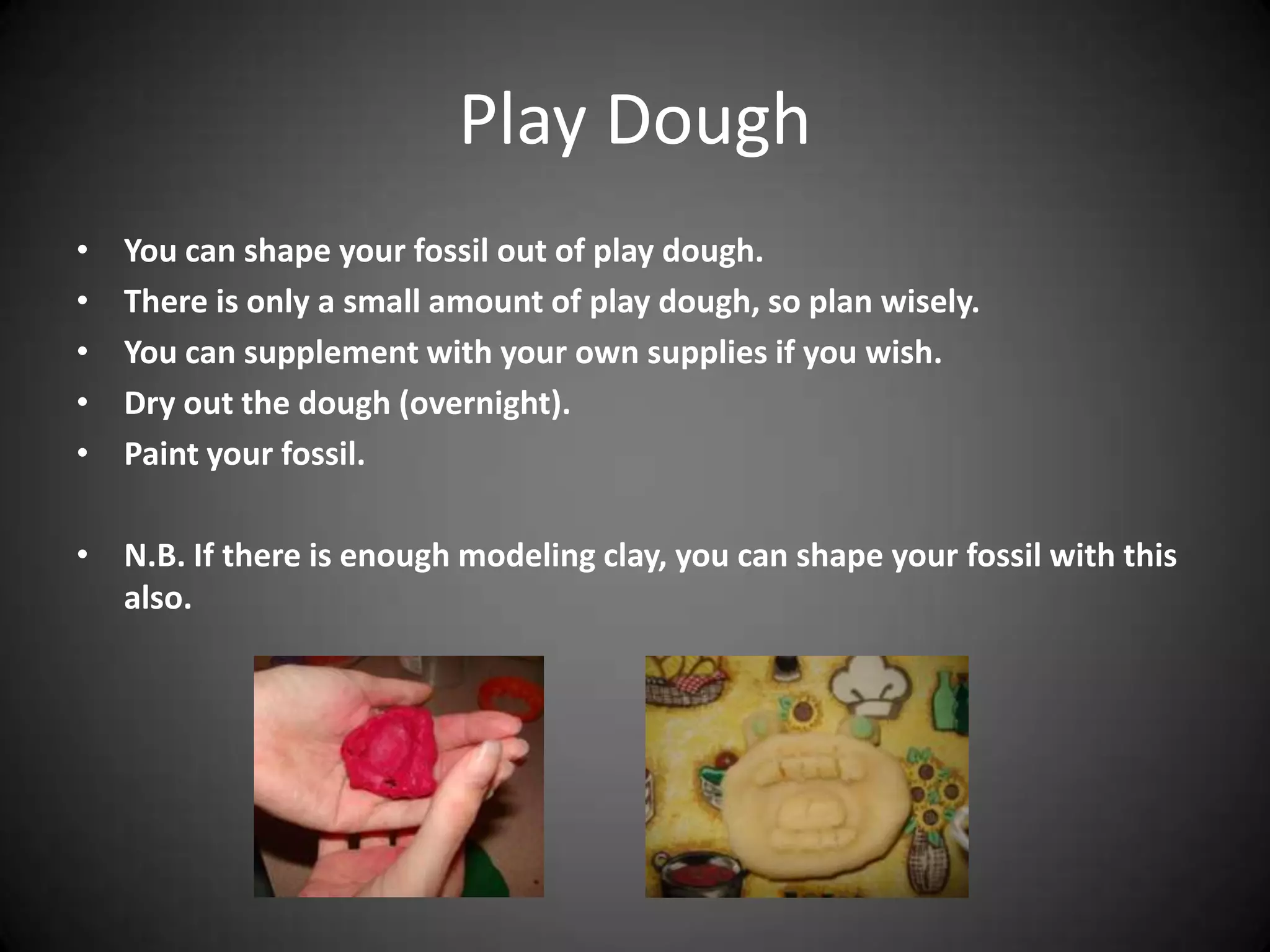 Play Dough
• You can shape your fossil out of play dough.
• There is only a small amount of play dough, so plan wisely.
• You can supplement with your own supplies if you wish.
• Dry out the dough (overnight).
• Paint your fossil.
• N.B. If there is enough modeling clay, you can shape your fossil with this
also.