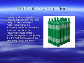 Natural gas formation Natural gas forms from the remains of plants that are really really old. As such organic matter is buried by the increasing amounts of mud and sediment over time, the resulting pressure forces it further underground,  subjecting it to the high temperatures that exist deep within the earth.  