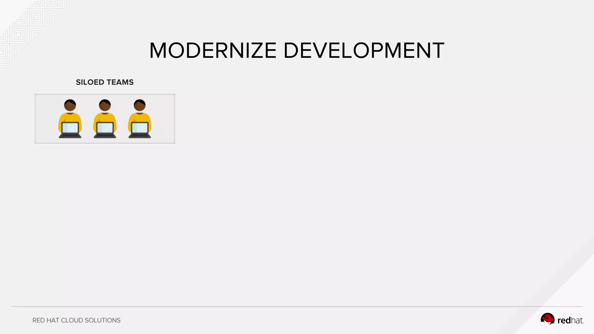 RED HAT CLOUD SOLUTIONS
MODERNIZE DEVELOPMENT
SILOED TEAMS
 