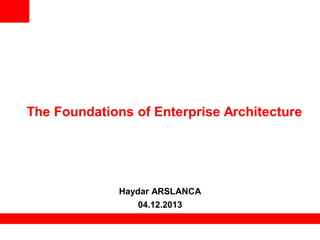 The Foundations of Enterprise Architecture

Haydar ARSLANCA
04.12.2013

 