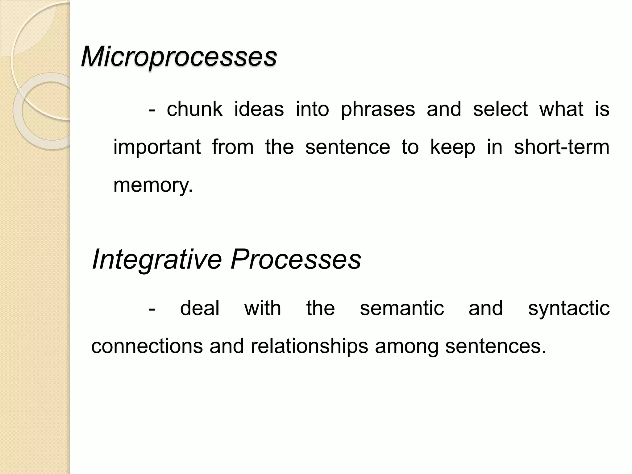 Microprocesses 
- chunk ideas into phrases and select what is 
important from the sentence to keep in short-term 
memory. 
Integrative Processes 
- deal with the semantic and syntactic 
connections and relationships among sentences. 
 